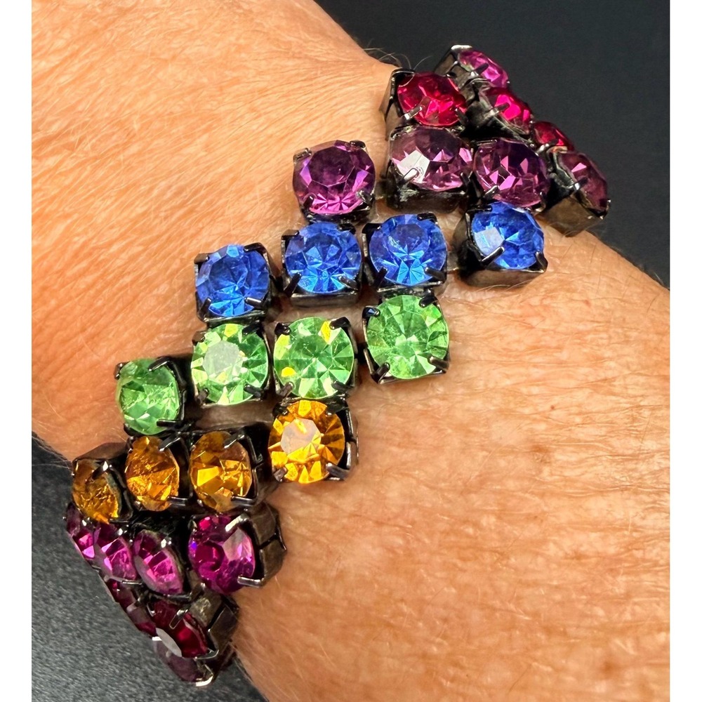 Vintage 1950s Multicolor Rhinestone Bracelet Rainbow Striped Mid Century Vibrant